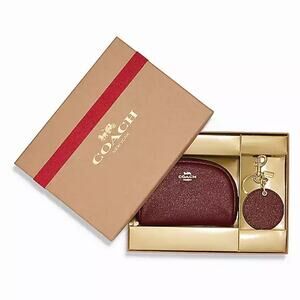 COACH BOXED DOME COSMETIC CASE & MIRROR BAG CHARM SET IN GOLD & BLACK CHERRY